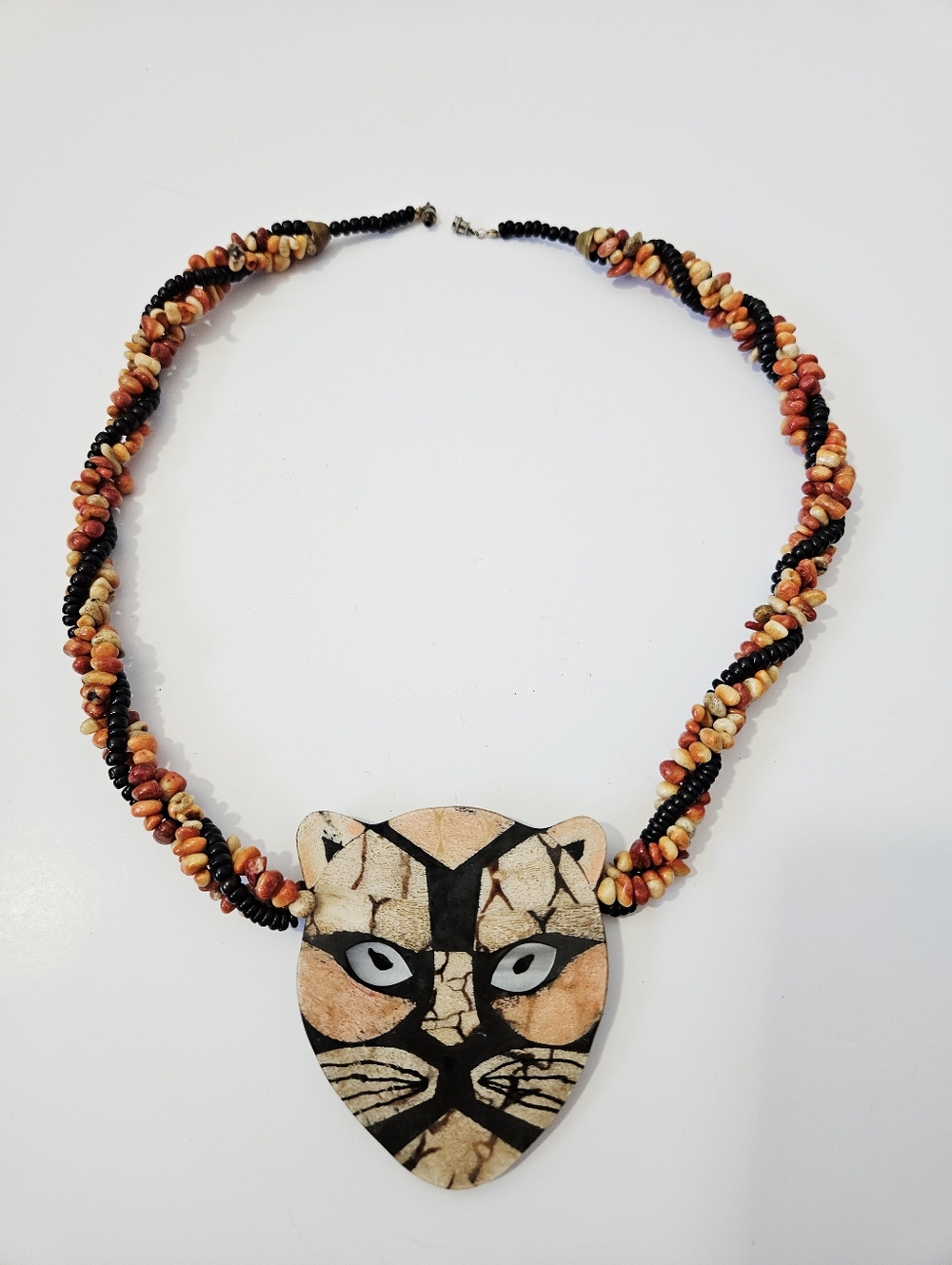 1970's Lee Sands Tiger Necklace Apple Coral Inlay Vintage Jewelry EUC